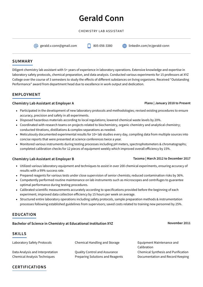 Chemistry Lab Assistant Resume