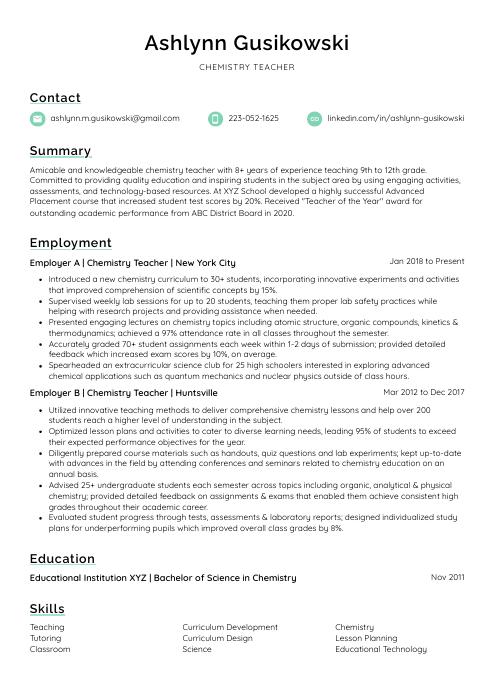 cover letter for fresher chemistry teacher