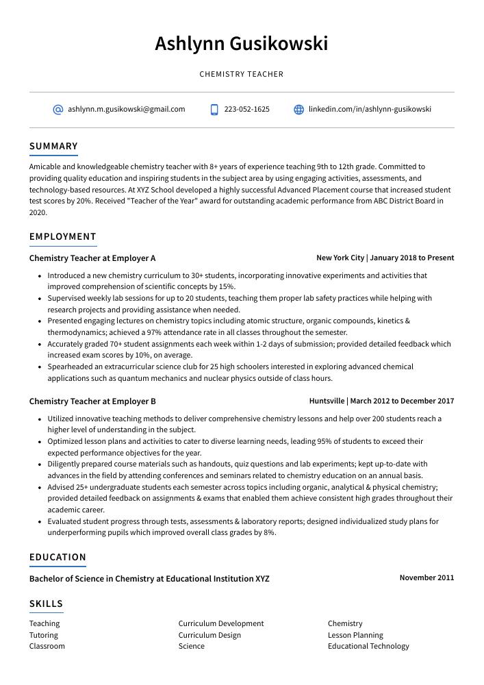 Chemistry Teacher Resume