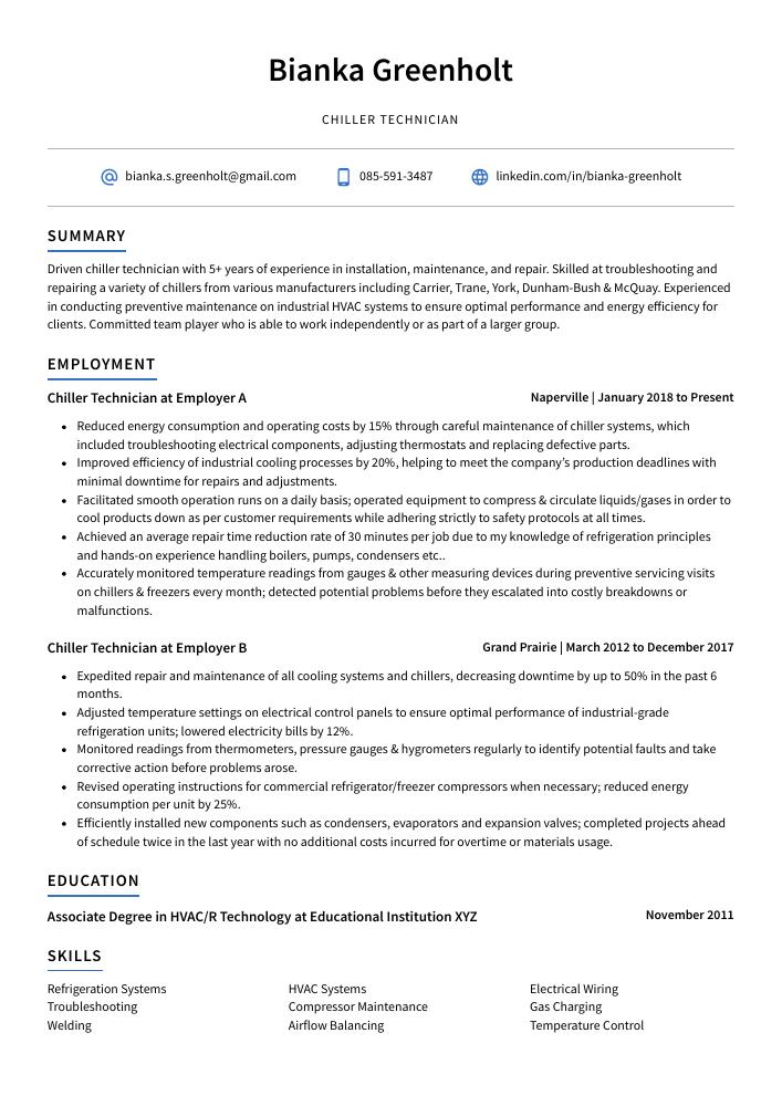 Chiller Technician Resume