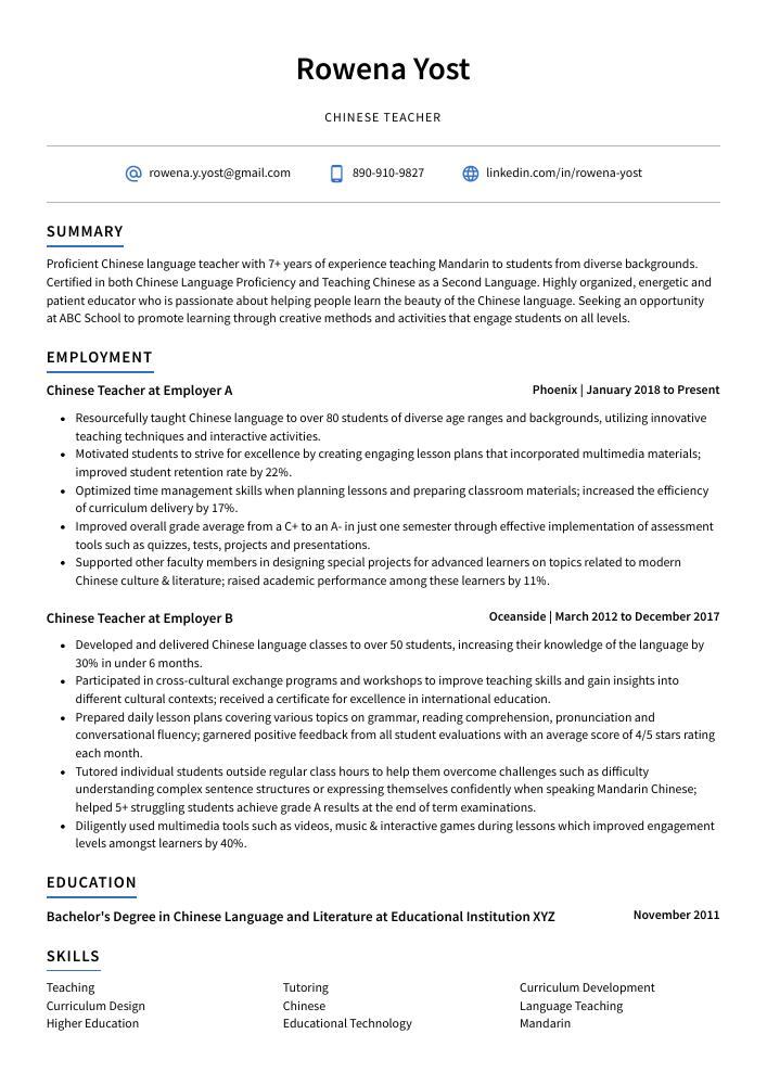 Chinese Teacher Resume