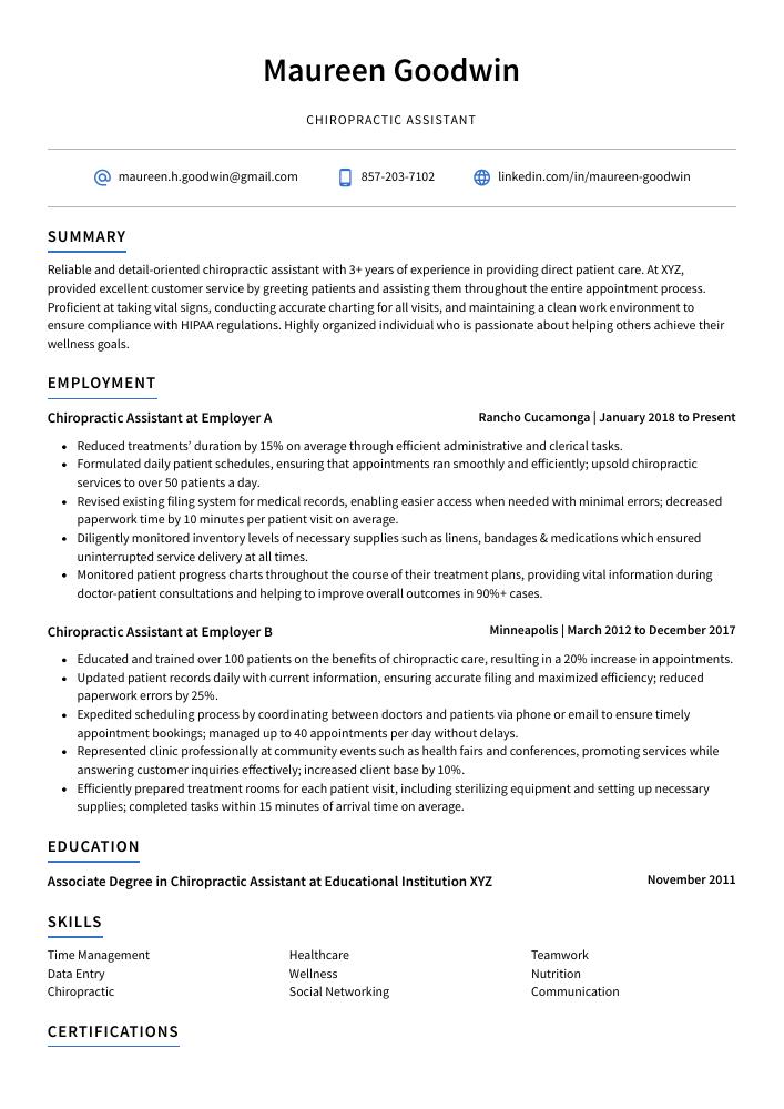 Chiropractic Assistant Resume