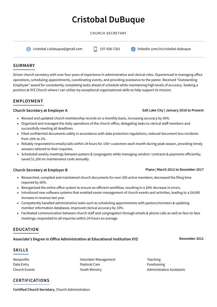 Church Secretary Resume