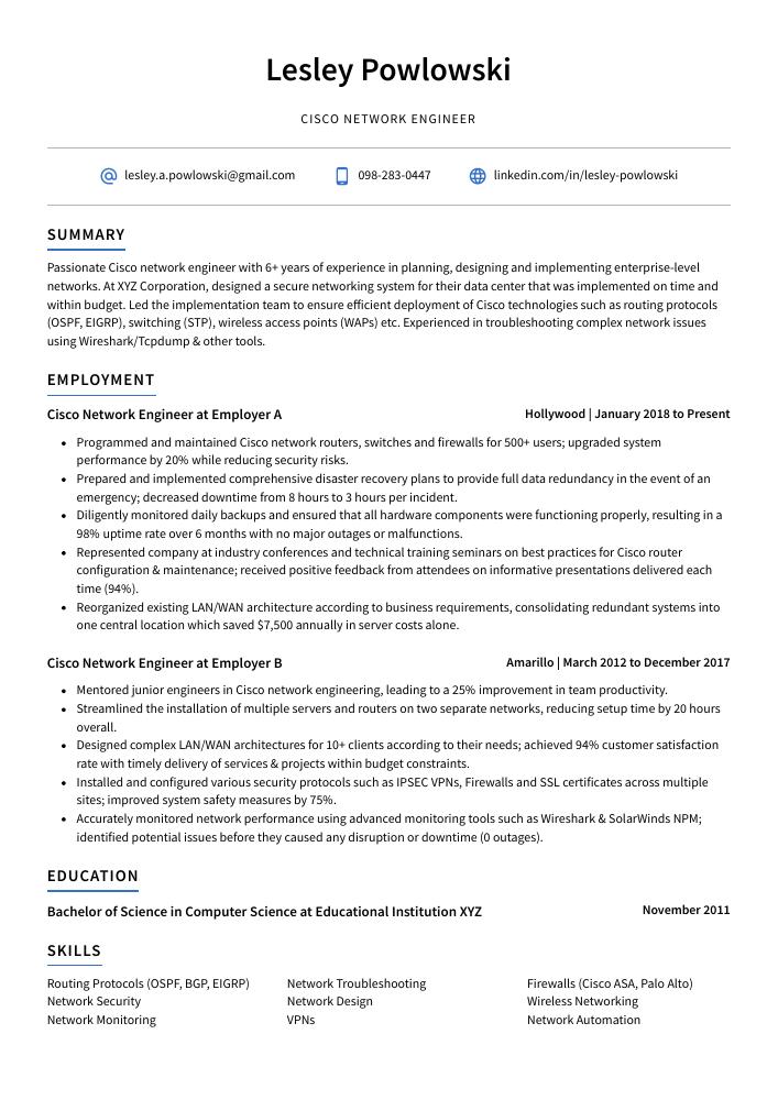 Cisco Network Engineer Resume