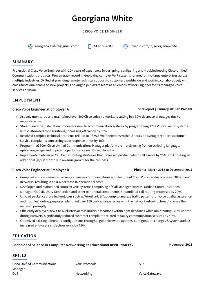 Cisco Voice Engineer Resume