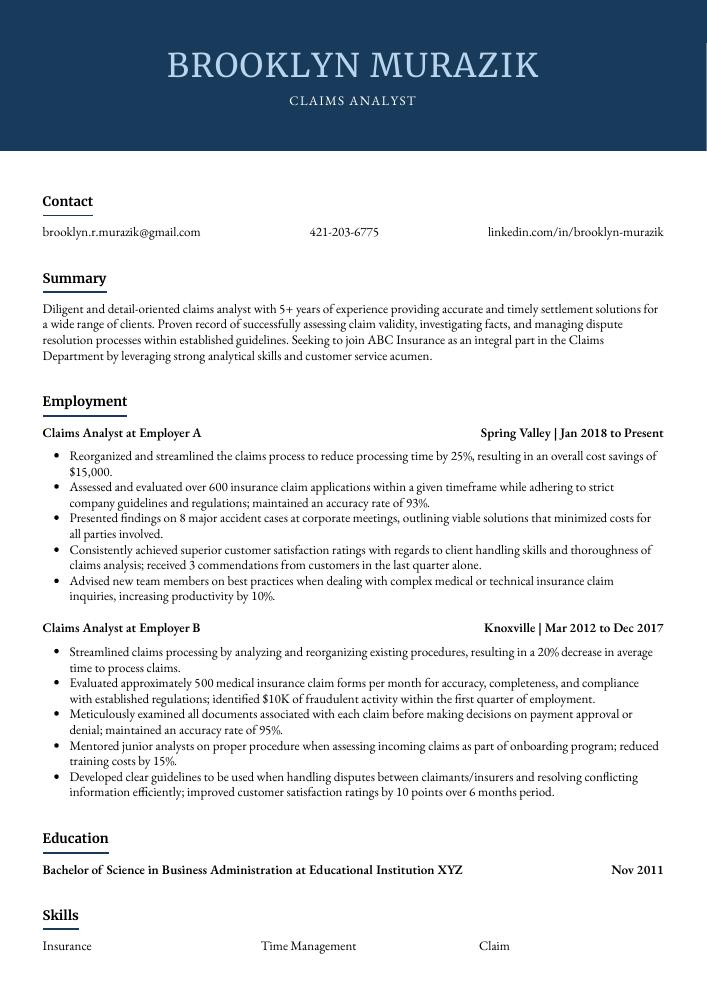 Claims Analyst Resume