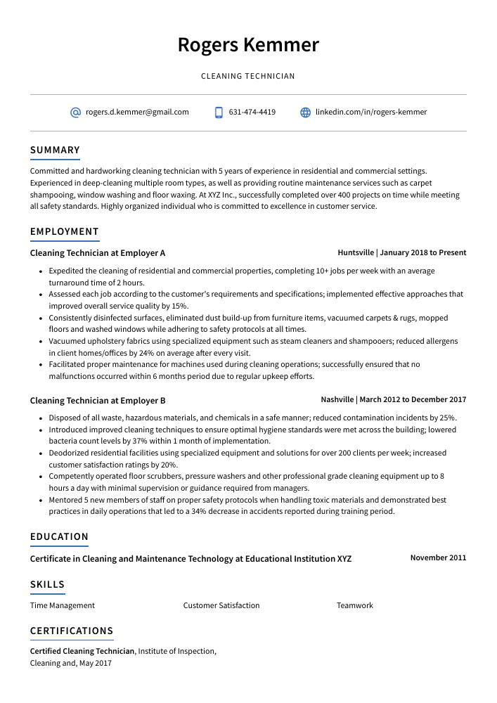 Cleaning Technician Resume