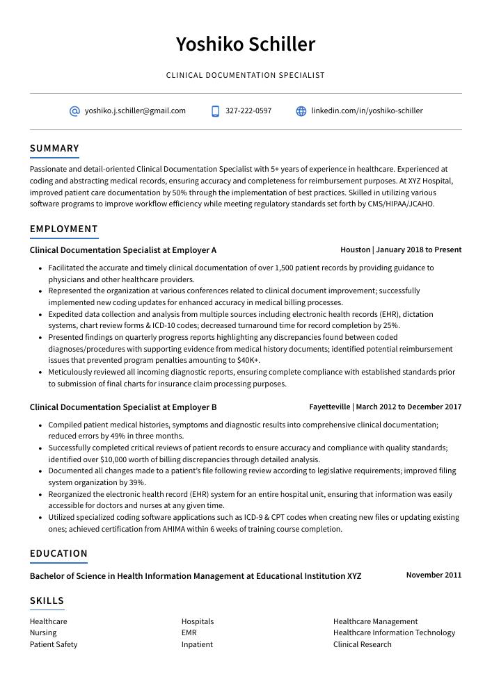 Clinical Documentation Specialist Resume CV Example And Writing Guide