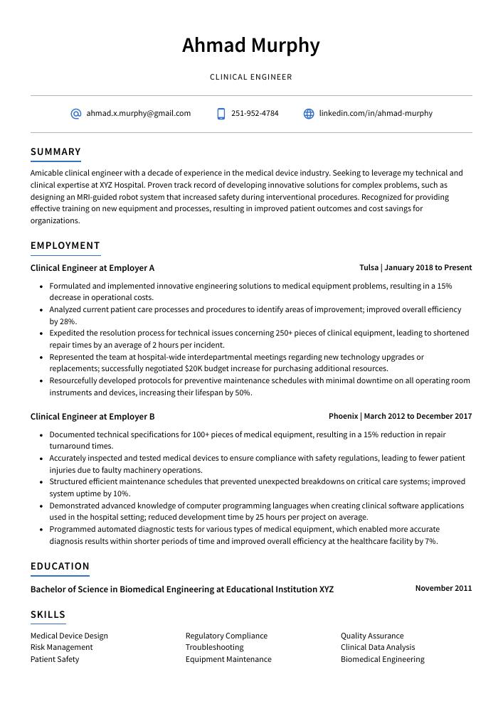 Clinical Engineer Resume