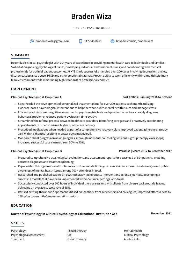 Clinical Psychologist Resume