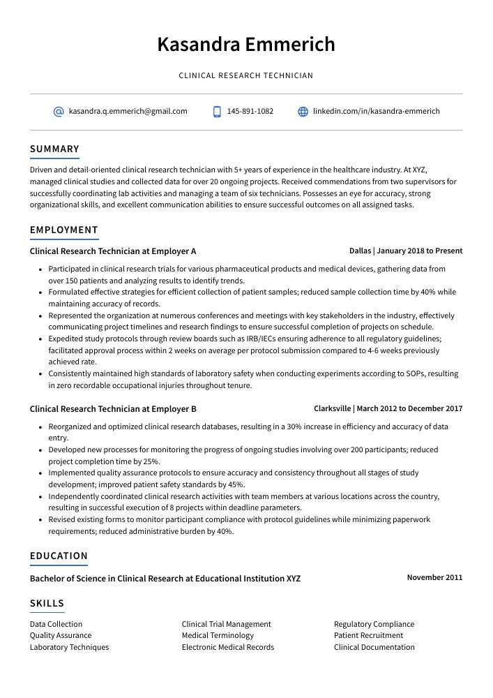 Clinical Research Technician Resume