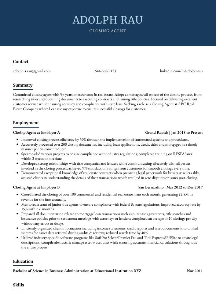 Closing Agent Resume