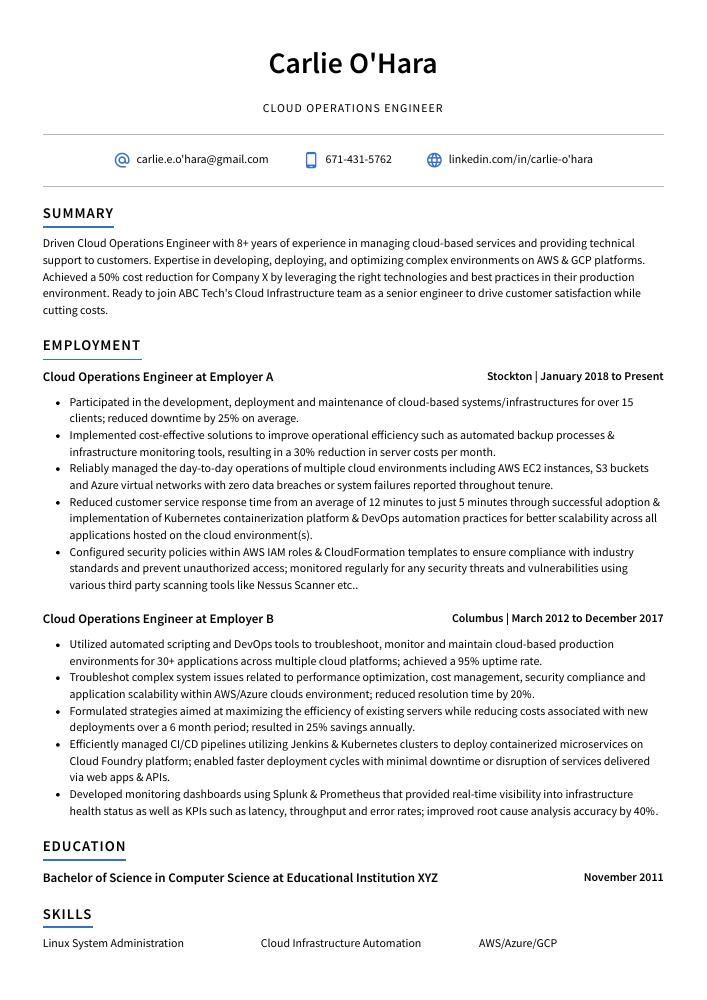 Cloud Operations Engineer Resume