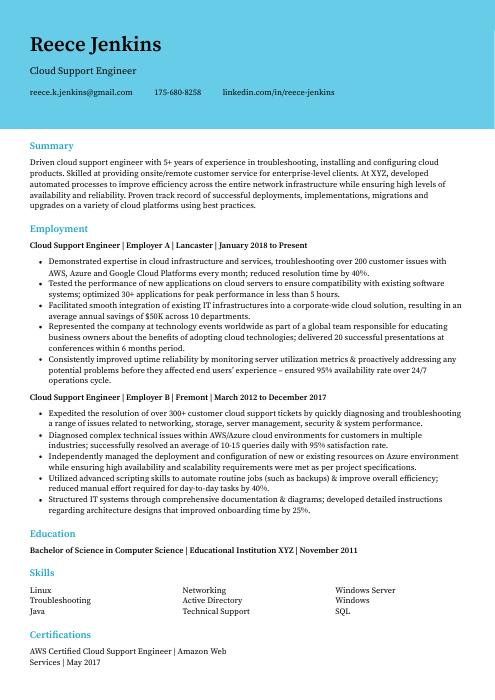 cloud support engineer resume