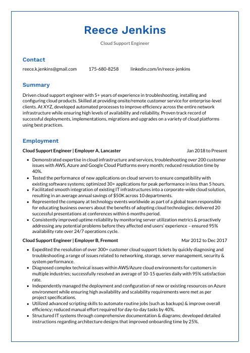 cloud support engineer resume