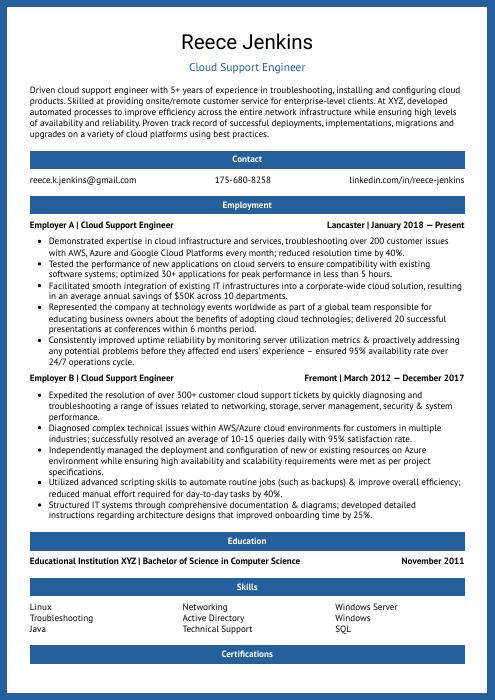 cloud support engineer resume