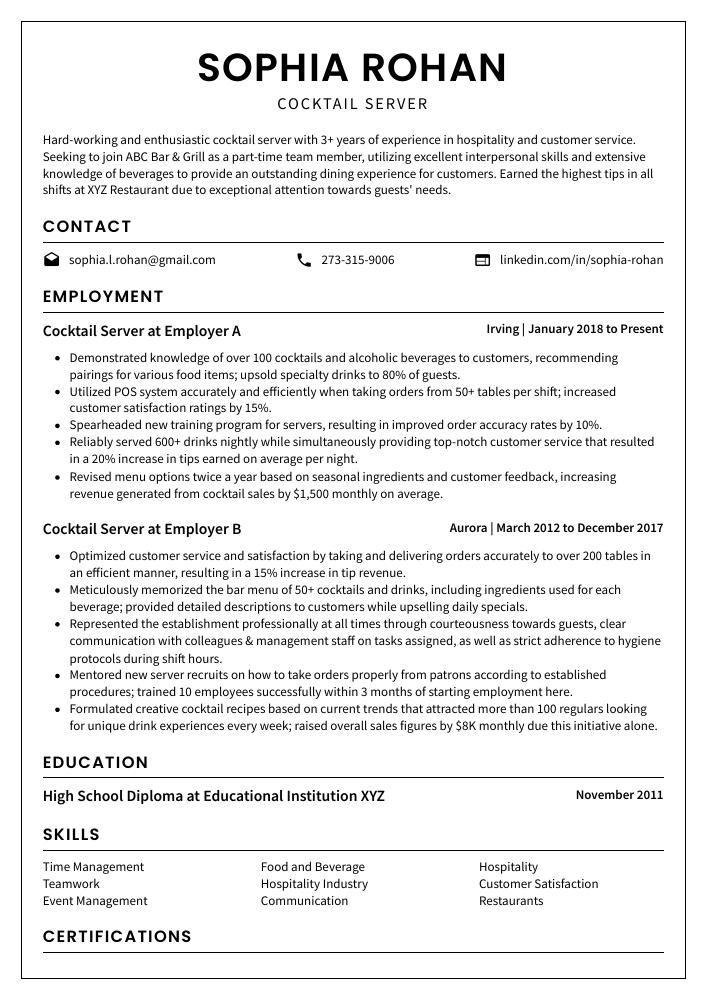 Cocktail Server Resume