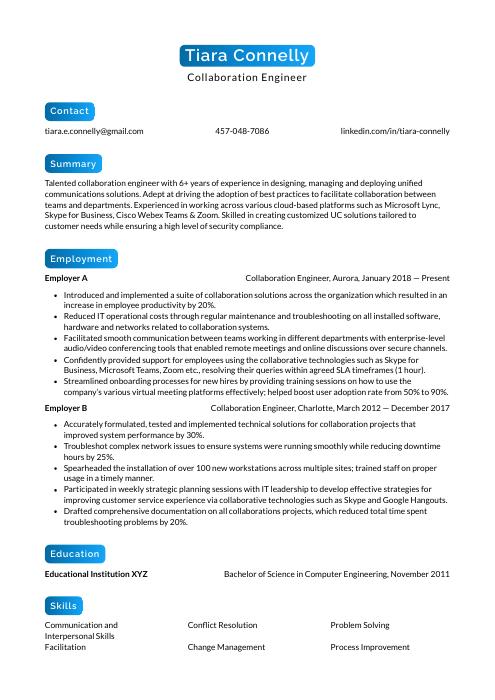 Collaboration Engineer Resume (CV) Example and Writing Guide