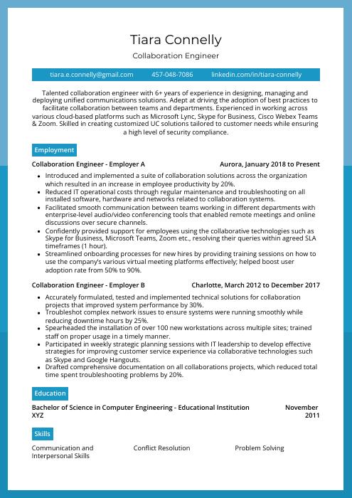 Collaboration Engineer Resume (CV) Example and Writing Guide