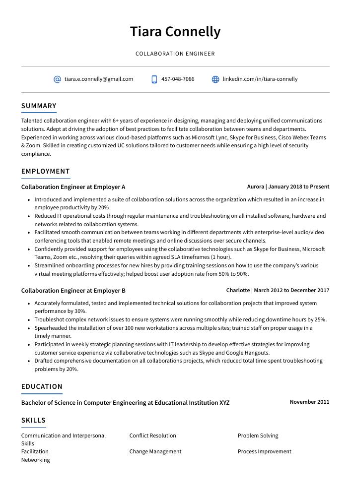 Collaboration Engineer Resume (CV) Example and Writing Guide