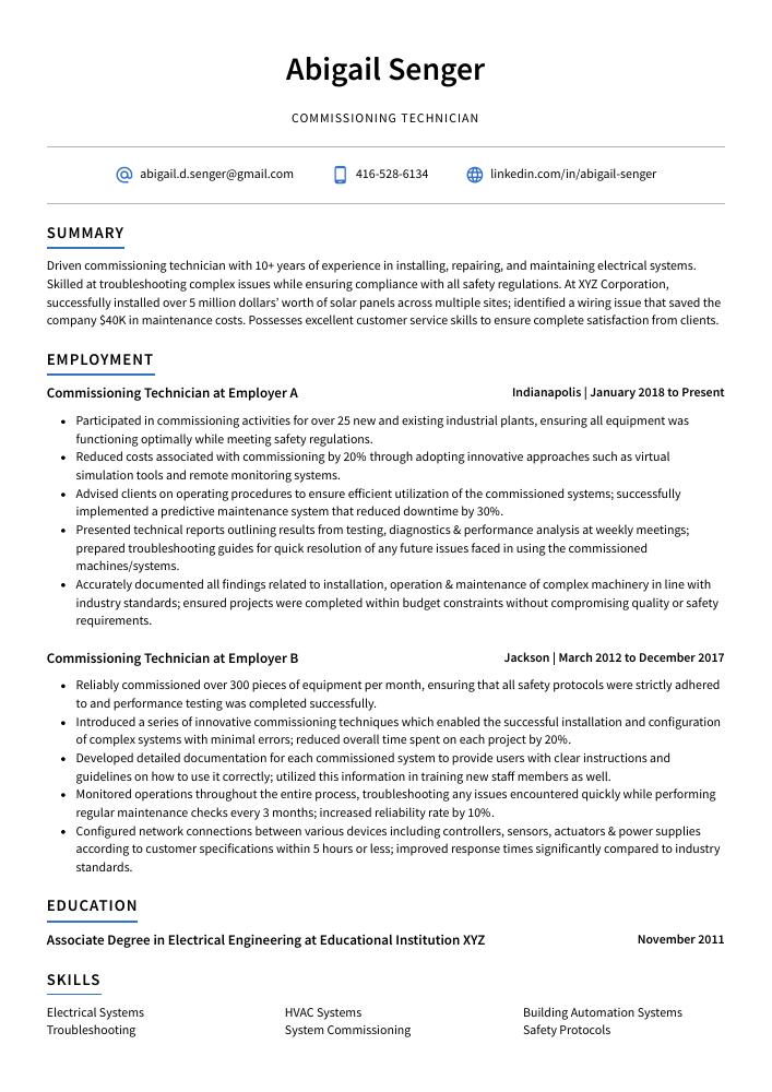 Commissioning Technician Resume