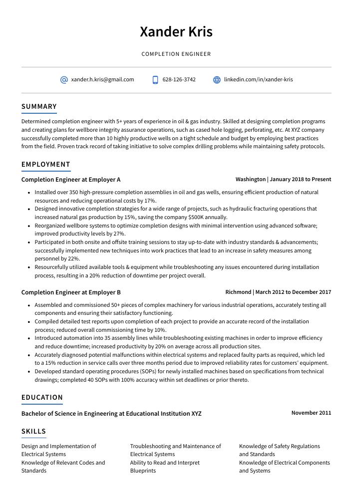 Completion Engineer Resume