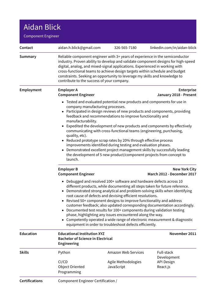 Component Engineer Resume