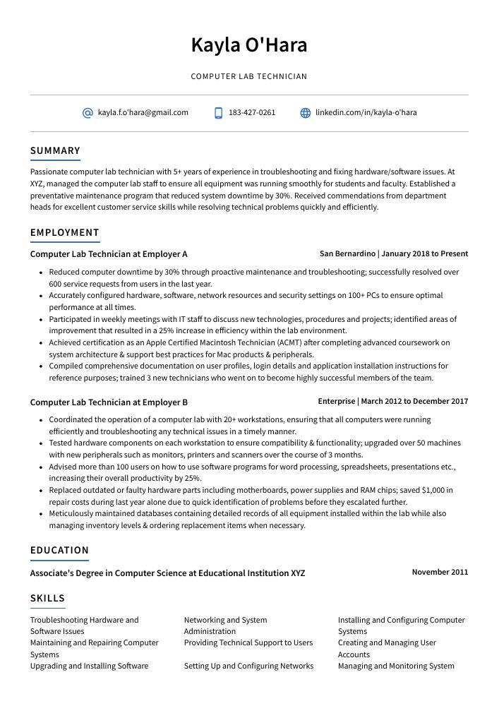 Computer Lab Technician Resume