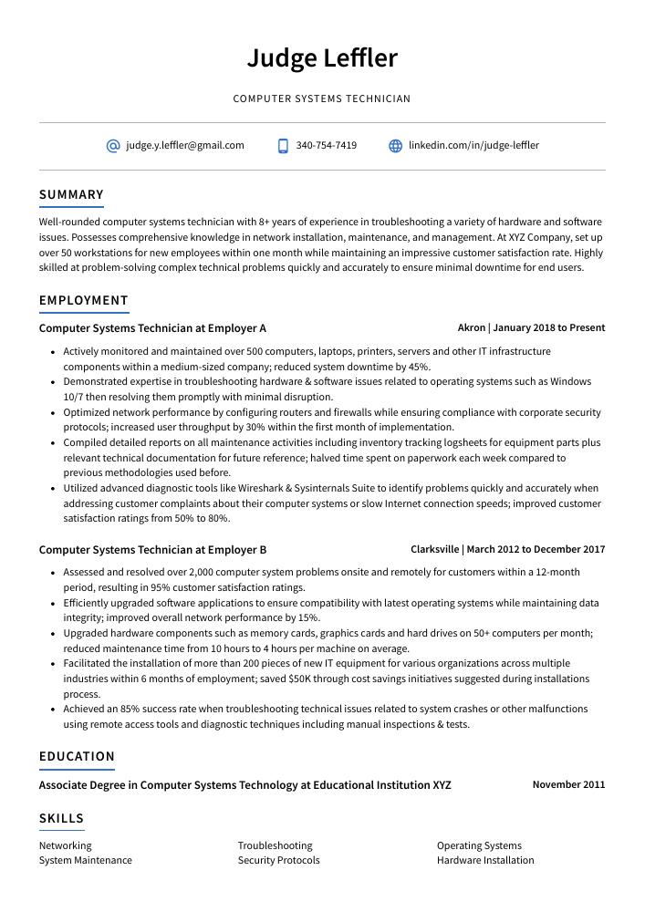 Computer Systems Technician Resume