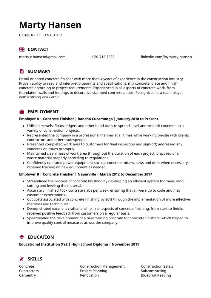 Concrete Finisher Resume