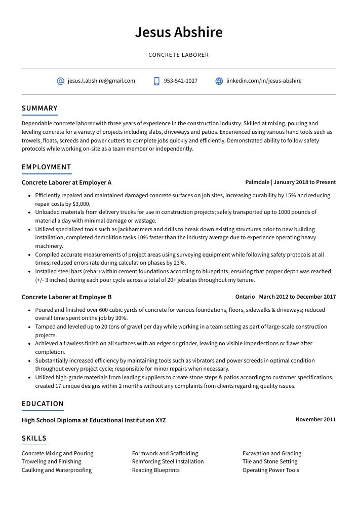 Concrete Laborer Resume