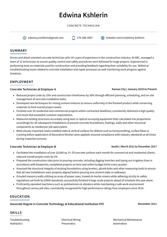 Concrete Technician Resume