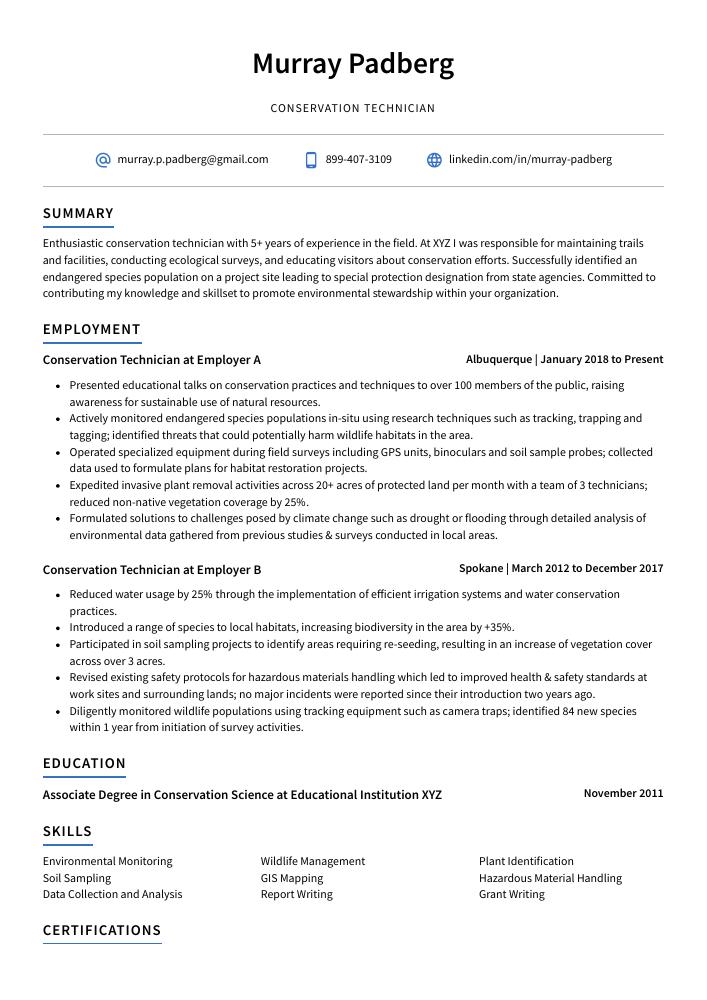 Conservation Technician Resume