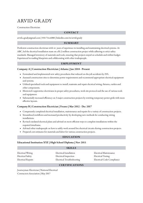 Construction Electrician Resume (CV) Example and Writing Guide