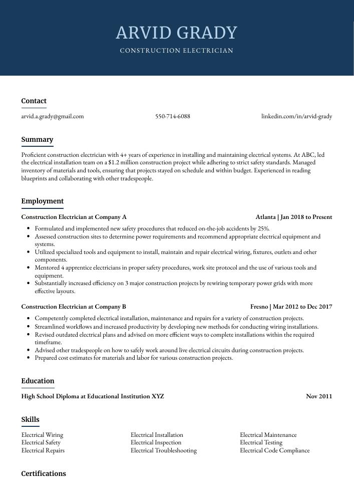 Construction Electrician Resume