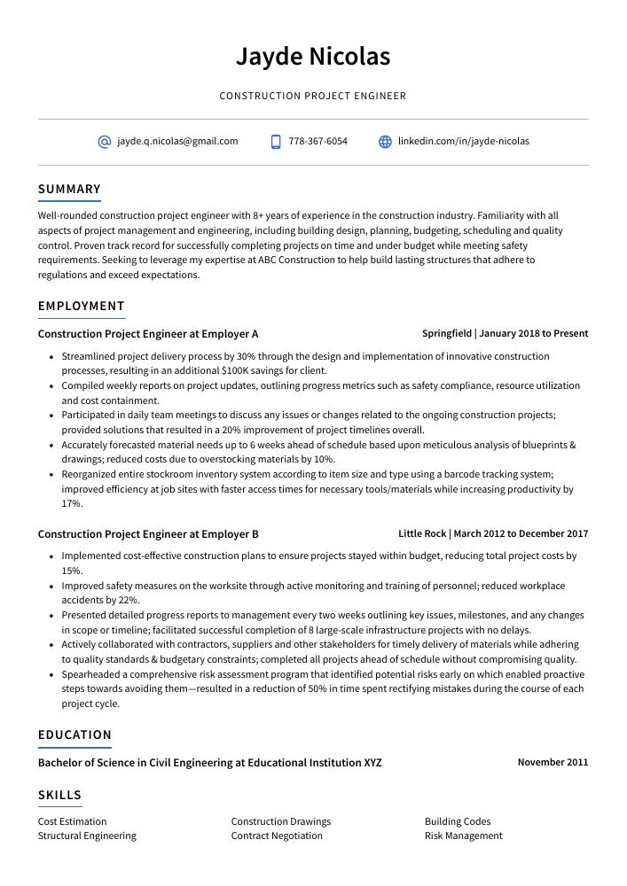 Construction Project Engineer Resume