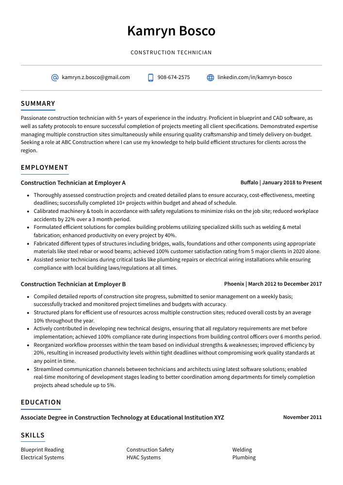 Construction Technician Resume