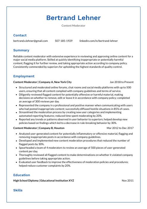 Content Moderator Resume (CV) Example and Writing Guide