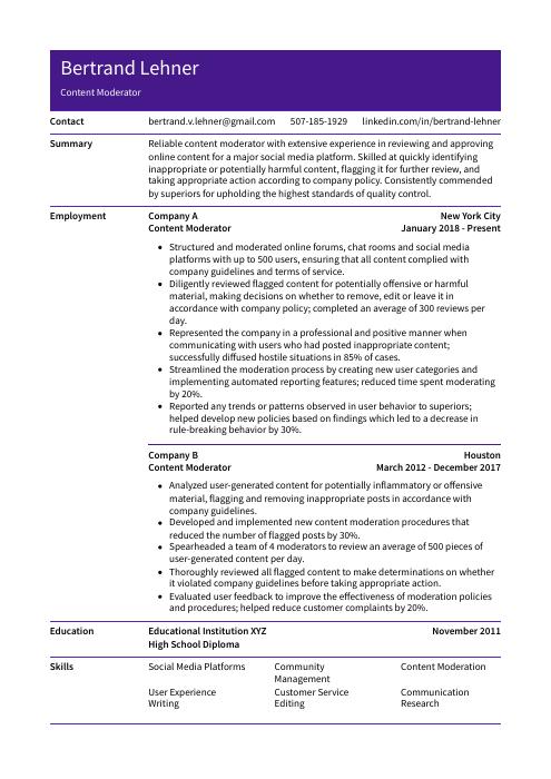 Content Moderator Resume (CV) Example and Writing Guide