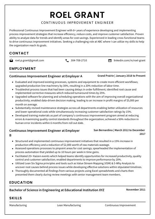 Continuous Improvement Engineer Resume (CV) Example and Writing Guide