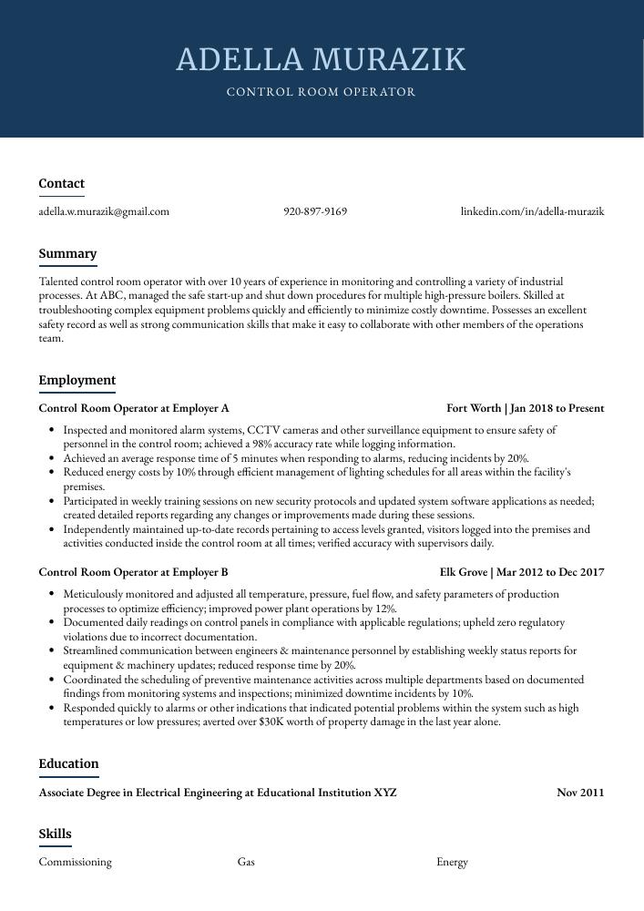 Control Room Operator Resume