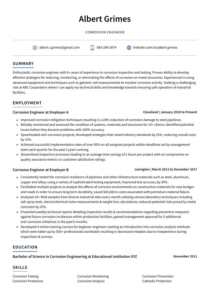 Corrosion Engineer Resume