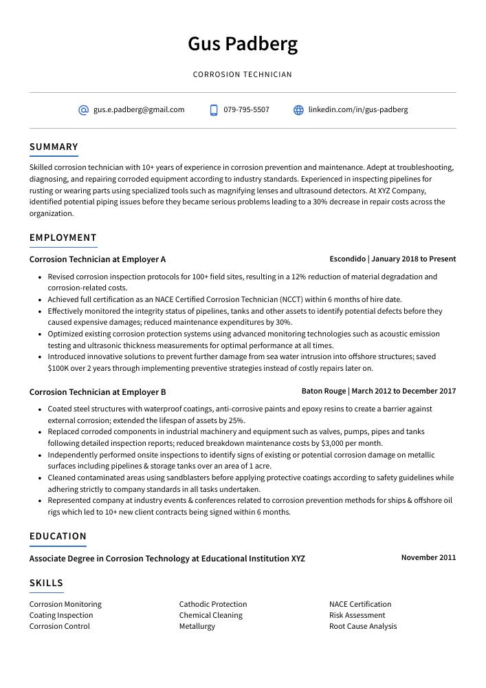 Corrosion Technician Resume