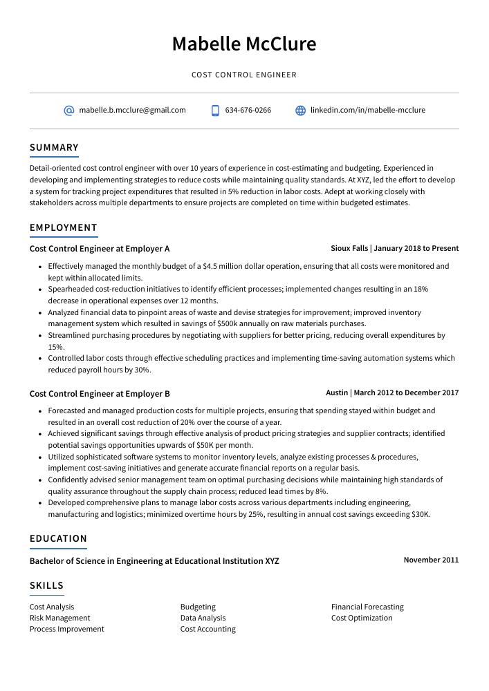 Cost Control Engineer Resume