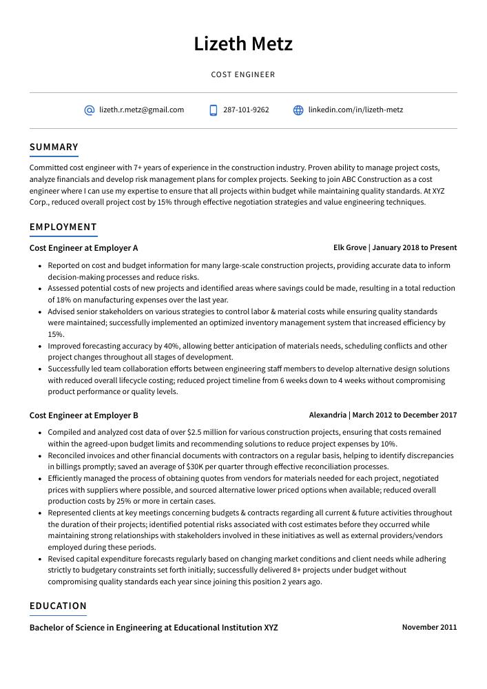 Cost Engineer Resume