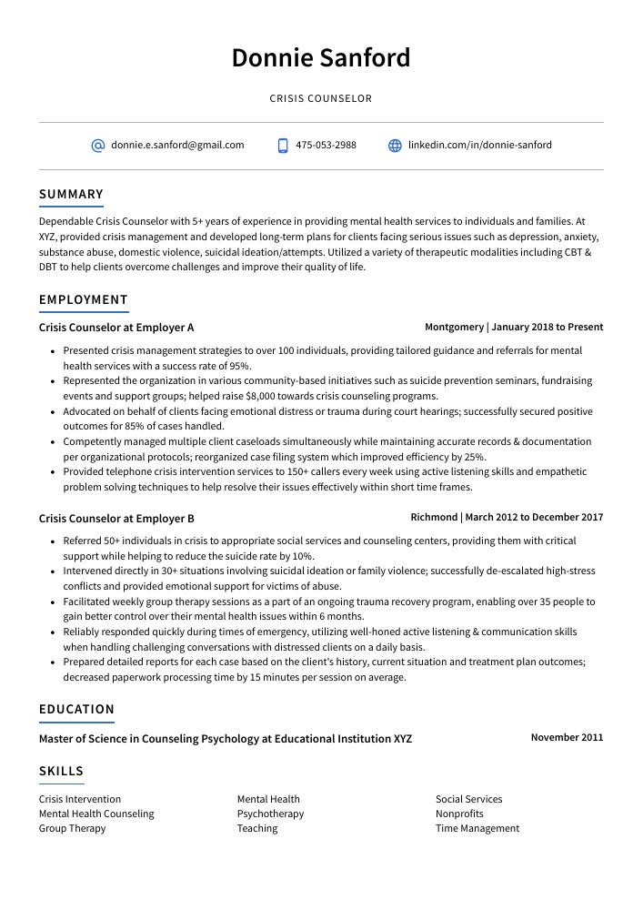 Crisis Counselor Resume