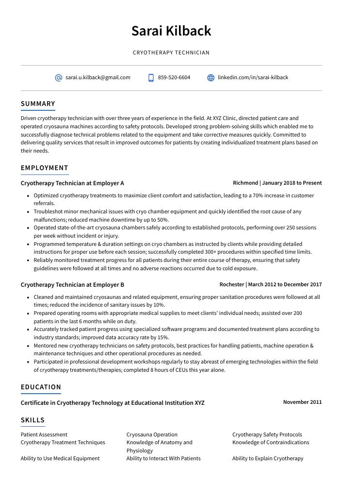 Cryotherapy Technician Resume