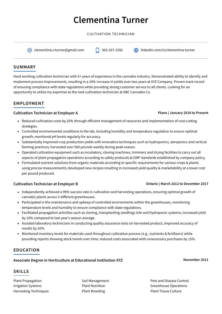 Cultivation Technician Resume