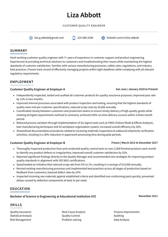 Customer Quality Engineer Resume