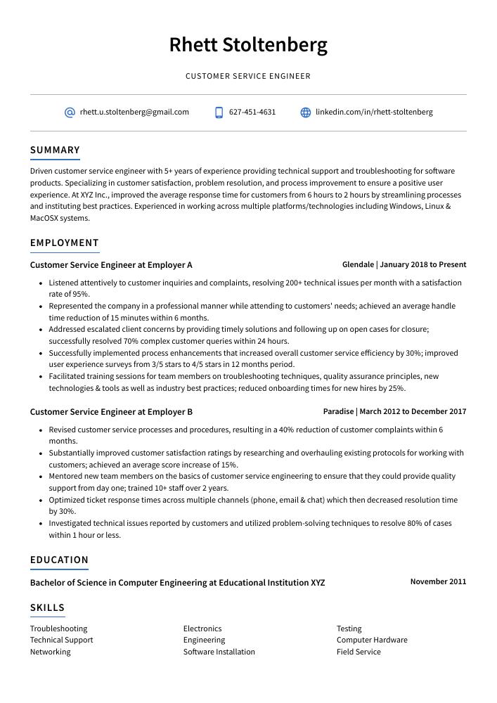 Customer Service Engineer Resume